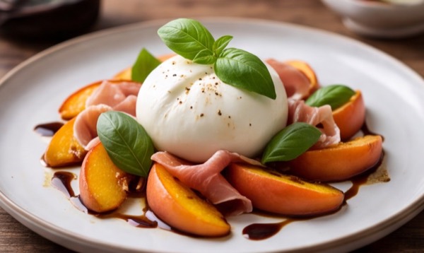 Burrata med grillet fersken, lufttørret skinke og basilikum
