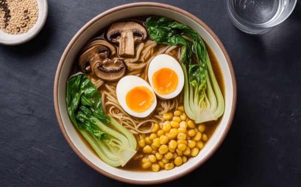 Ramen med misobouillon, champignoner, blødkogt æg og pak choi