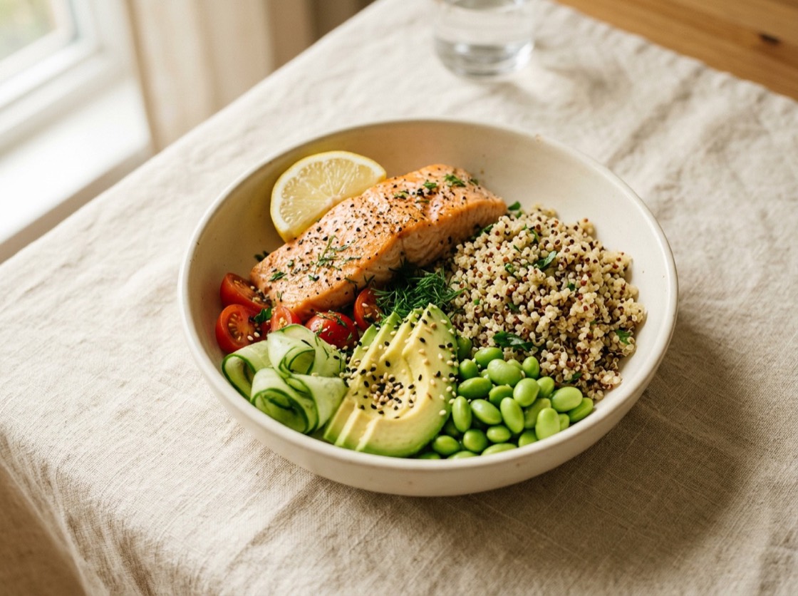 Bowl med laks, quinoa, avocado og edamame